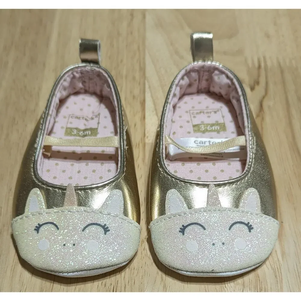 Carter's Ballet Flats Size 2 Gold Unicorn Glitter Baby Girls 3-6 Mo. Crib Shoes